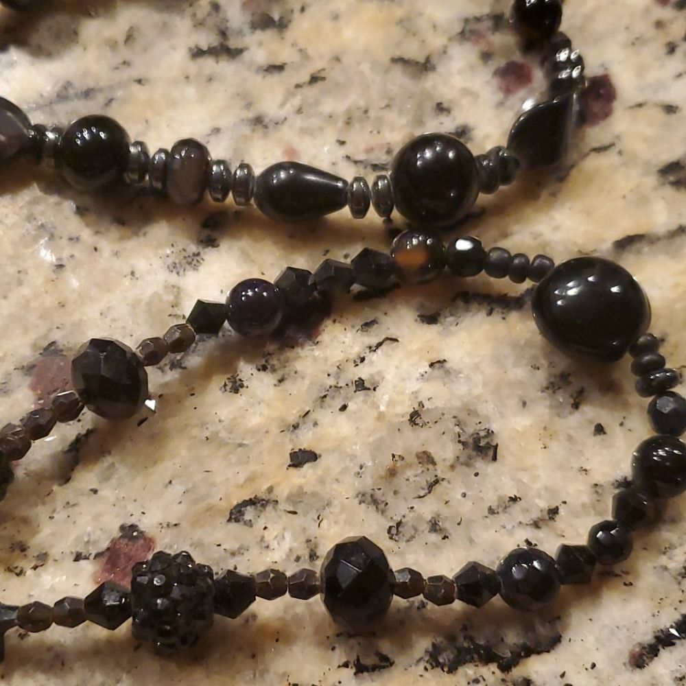 Handmade Black Beaded Statement Necklace Multi Shape Acrylic Glass Mixed Bead - Picture 3 of 5